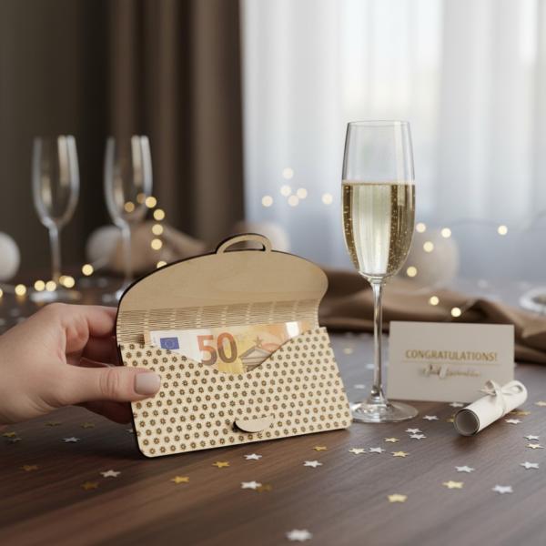 Holz‑Umschlag aus Sperrholz mit modernem Schriftzug ‚congratulations gratulate‘, ideal für Geldgeschenke und Gutscheine.